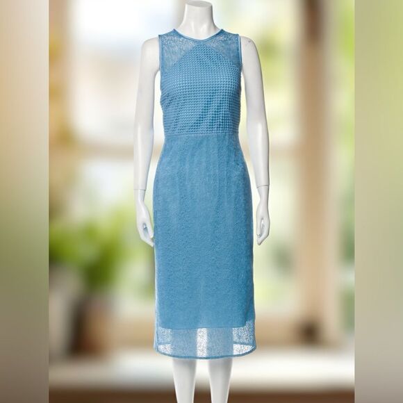 DIANE VON FURSTENBURG DVF Sleeveless Blue Mixed Lace Midi Sheath Dress Size 12 - Picture 2 of 16
